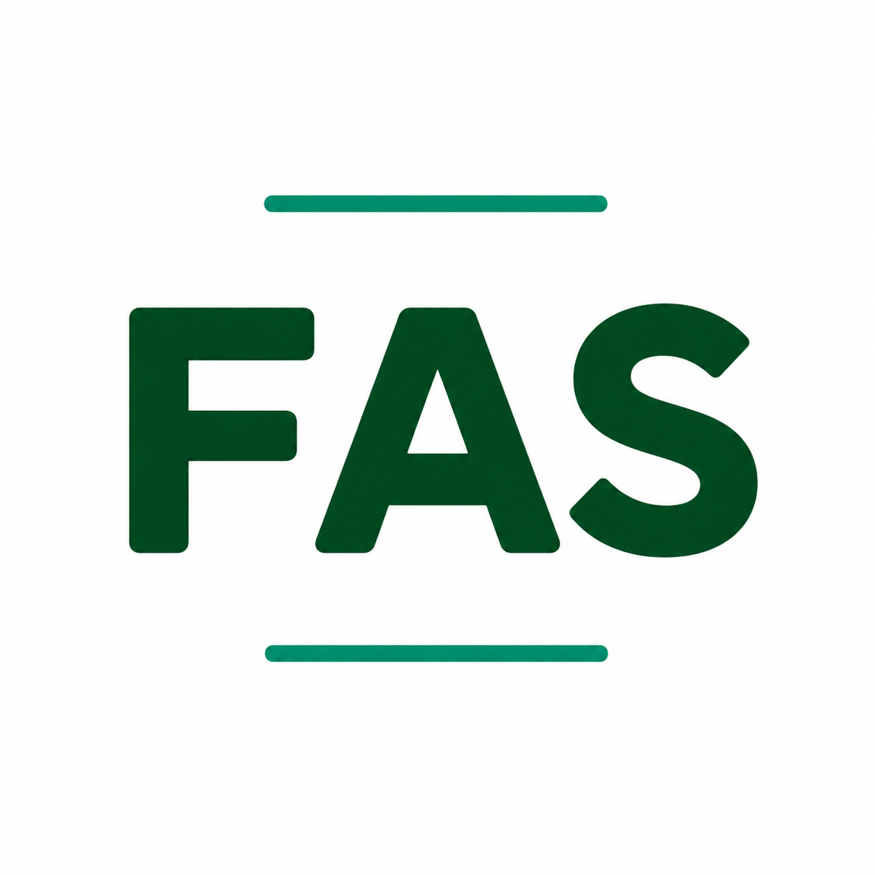 A clean, minimalist graphic on a white background featuring the word "FAS" in large, bold, dark green lettering centred on the page. A thin teal horizontal line appears above and below the word, creating a simple and modern title design with no additional graphics or decorative elements.